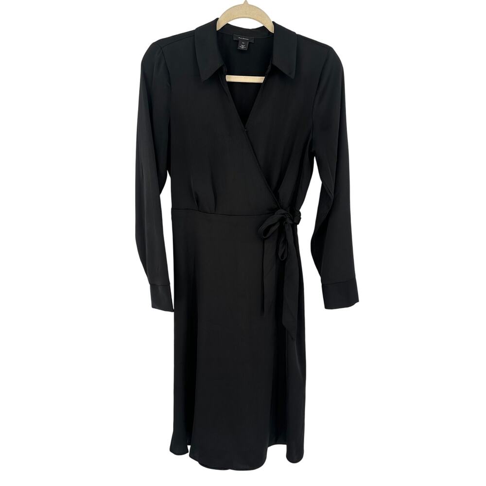 Halogen Black Midi Wrap Dress V-Neck Waist Tie Collared Whimsygoth Party XS